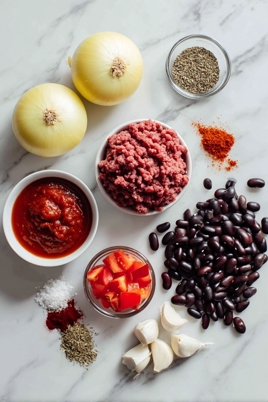 Instant Pot Chili, easy beef chili, quick chili recipe, hearty comfort food, one-pot chili - Flat lay of fresh yellow onion halves, peeled garlic cloves, a small bowl of rich red tomato paste, raw ground beef in a neat mound, ripe fire-roasted diced tomatoes in a drizzle of juice, black beans and kidney beans scattered artistically, vibrant dried chili powder, ground cumin, and a pinch of dried oregano arranged in tiny piles, placed on a white marble surface, photo taken with an iphone --ar 2:3 --v 7