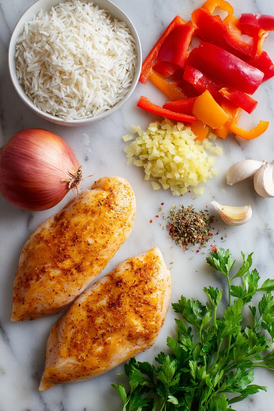 Instant Pot Chicken & Rice, easy chicken and rice, one-pot chicken dinner, quick Instant Pot recipes, flavorful chicken rice dish - Flat lay of two raw boneless, skinless chicken breasts with a golden paprika and garlic powder rub, a small finely chopped yellow onion, a medium peeled and chopped carrot, a bright red bell pepper cut into small pieces, three peeled garlic cloves, a scattering of dried oregano leaves, a cup of rinsed white basmati rice, and fresh vibrant green parsley leaves, all beautifully arranged on a white marble surface, photo taken with an iphone --ar 2:3 --v 7