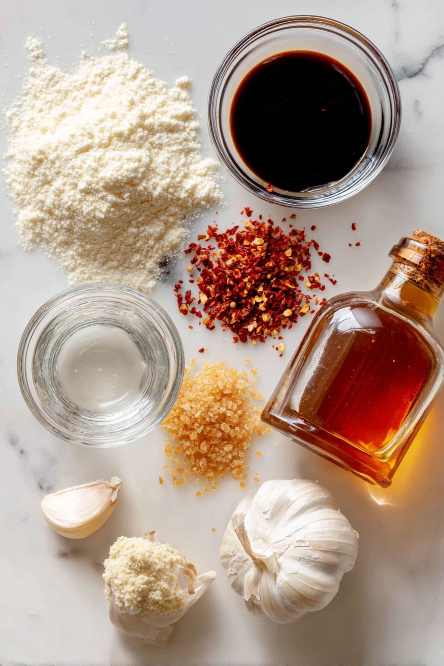 Asian Zing Sauce for Chicken Wings, spicy wing sauce, quick wing sauce recipe, Asian-inspired wing glaze, sweet and spicy chicken wing sauce - Flat lay of glossy soy sauce in a small clear jar, a small pile of golden brown sugar crystals, bright red chili flakes scattered thoughtfully, two fresh garlic cloves with papery skin, a tiny heap of pale ginger powder, a small glass bottle of toasted sesame oil with its rich amber color, a clear measuring cup of light rice vinegar, and a small mound of fine white cornstarch, all beautifully arranged with space between each ingredient to highlight their colors and textures, placed on a white marble surface, photo taken with an iphone --ar 2:3 --v 7