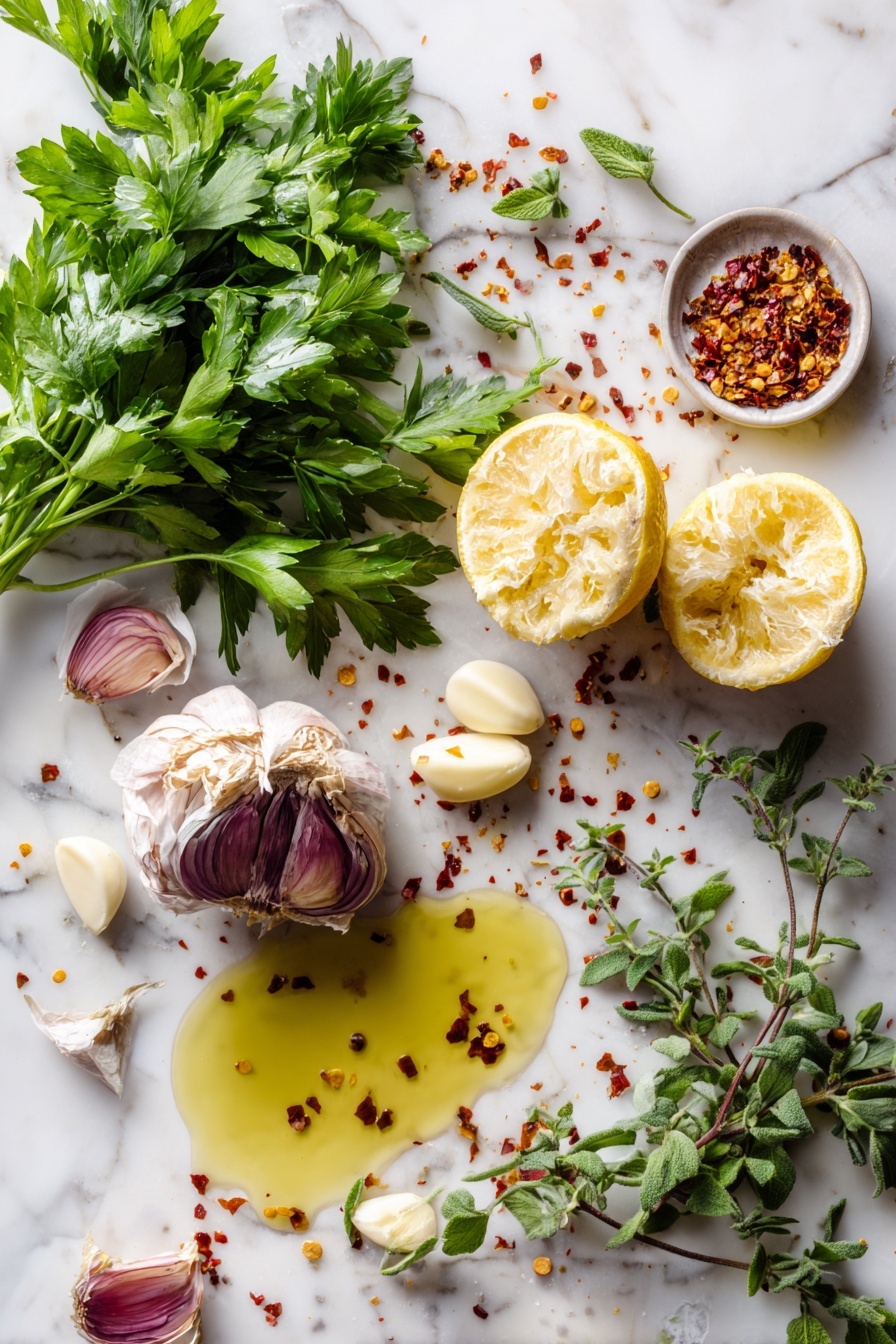 Easy Chimichurri Sauce, Chimichurri Sauce, how to make chimichurri, homemade chimichurri, vibrant herb sauce - Flat lay of fresh Italian parsley bunches with bright green leaves, peeled garlic cloves, roughly chopped shallots with their light purple tones, a halved lemon showing its juicy yellow interior, sprigs of fresh oregano with delicate green leaves, scattered red chili pepper flakes, a small pool of golden extra virgin olive oil, and a splash of rich red wine vinegar artfully arranged, all placed on a white marble surface, photo taken with an iphone --ar 2:3 --v 7