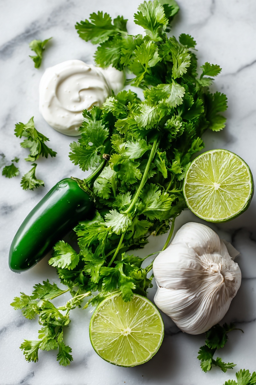 Cilantro Lime Sauce, Cilantro Lime Sauce Recipe, Easy Cilantro Lime Sauce, Fresh Lime and Cilantro Sauce, Quick Salsa Verde - Flat lay of fresh bright green cilantro leaves, a whole glossy jalapeno pepper, a halved lime showing its juicy interior, a large pale garlic clove, a dollop of creamy white sour cream, and a small swirl of thick mayonnaise, all beautifully arranged with vibrant colors and natural textures, placed on a white marble surface, photo taken with an iphone --ar 2:3 --v 7