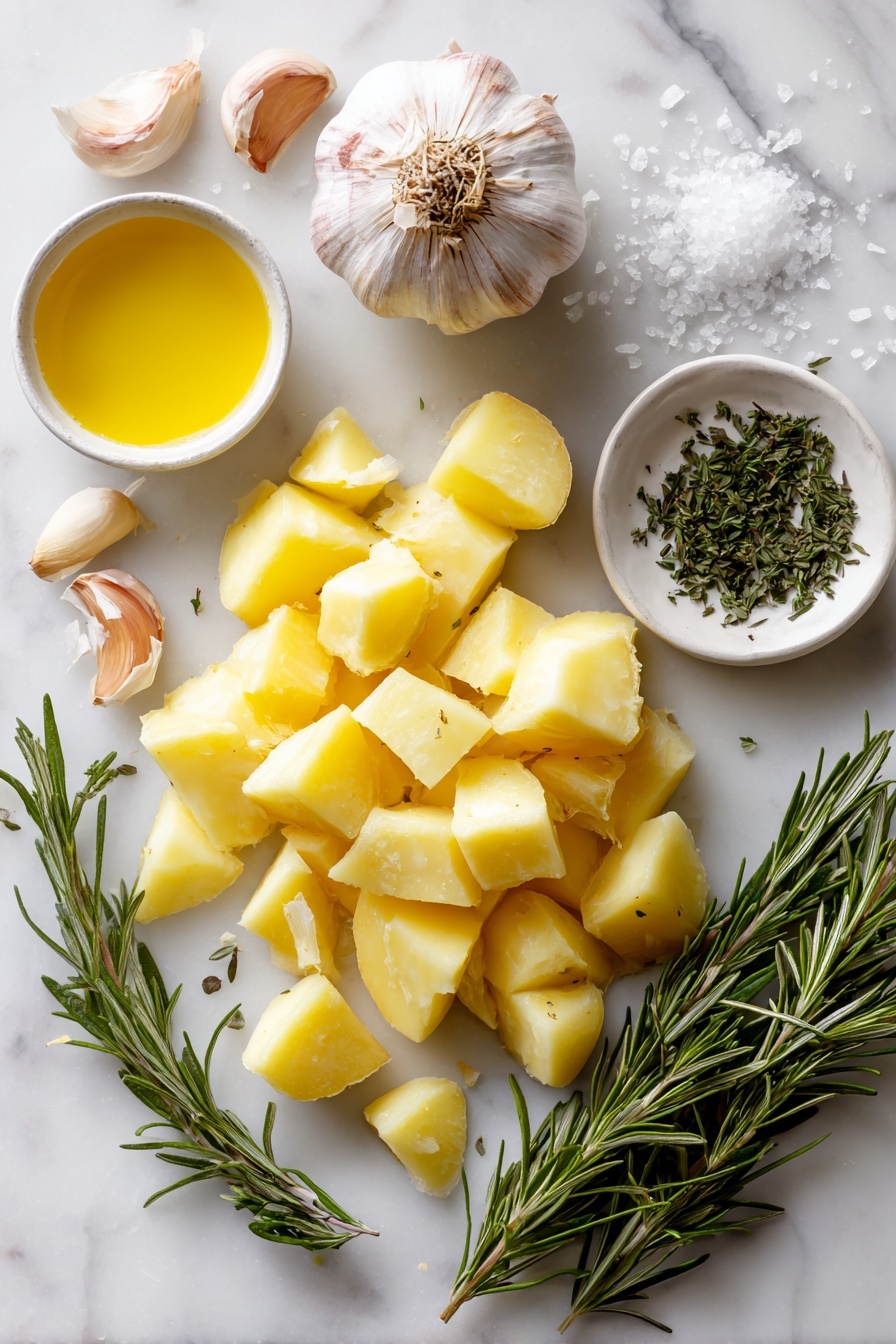 Crispy Roast Potatoes with Rosemary and Garlic, crispy roast potatoes, Whole30 roasted potatoes, rosemary garlic potatoes, healthy roasted potato side dish - Flat lay of peeled yellow potatoes cut into large chunks, a whole head of garlic with the top trimmed, fresh green rosemary sprigs finely chopped, a small dish of golden duck fat, a drizzle of extra-virgin olive oil, a sprinkle of coarse kosher salt crystals, and a few flakes of sea salt scattered around, all beautifully arranged on a white marble surface, photo taken with an iphone --ar 2:3 --v 7