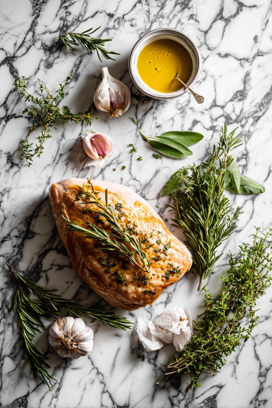 Air Fryer Herb-Seasoned Turkey Breast, juicy turkey breast, easy air fryer turkey recipe, herb-crusted turkey, quick holiday turkey - Flat lay of a large bone-in turkey breast with skin on, fresh garlic cloves peeled and whole, vibrant sprigs of rosemary, sage, and thyme with bright green leaves, a small mound of Dijon mustard with its smooth yellow texture, freshly ground black peppercorns scattered lightly, and a small drizzle of extra-virgin olive oil glistening nearby, all beautifully arranged on a white marble surface, photo taken with an iphone --ar 2:3 --v 7