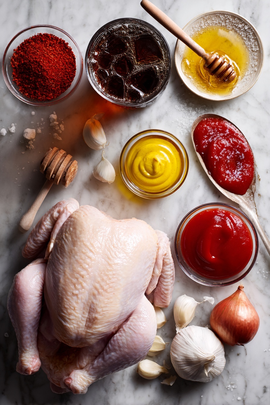 Grilled Cola BBQ Chicken, Cola BBQ Chicken, Easy BBQ Chicken, Juicy Grilled Chicken, Sweet and Tangy BBQ Chicken - Flat lay of a whole raw chicken, brown sugar crystals, bright red smoked paprika powder, golden honey dripping from a wooden dipper, fresh garlic cloves with papery skins, deep red tomato ketchup dollops, a glass of dark cola with bubbles, smooth apple cider vinegar in a small clear dish, and a spoonful of Dijon mustard, all beautifully arranged with vivid colors and textures, placed on a white marble surface, photo taken with an iphone --ar 2:3 --v 7