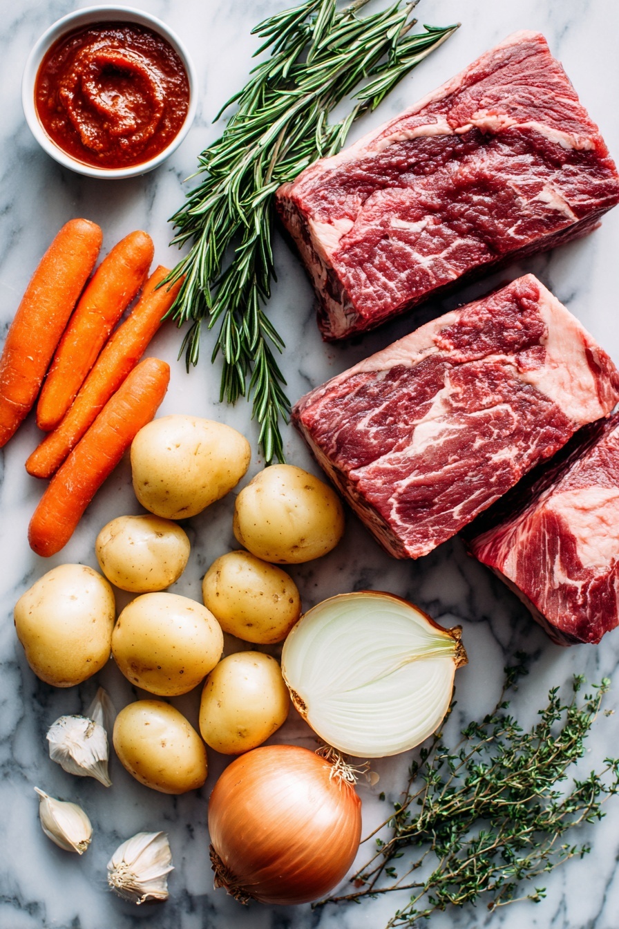 Instant Pot Pot Roast with Potatoes and Carrots, easy beef stew, tender beef roast recipe, one-pot instant pot dinner, hearty slow cooker beef - Flat lay of a thick, marbled chuck roast, halved baby potatoes with smooth skin, bright orange carrot chunks cut on the bias, a whole peeled onion cut in half to show layers, fresh rosemary sprigs, thyme leaves scattered delicately, plump garlic cloves with papery skins, and a small dollop of rich tomato paste, all beautifully arranged in a natural, organic layout, placed on a white marble surface, photo taken with an iphone --ar 2:3 --v 7
