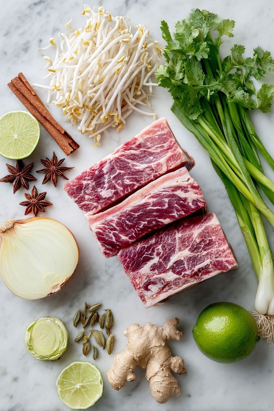 Instant Pot Pho, Vietnamese Pho recipe, quick homemade Pho, easy Instant Pot Pho, authentic Pho broth - Flat lay of beef bones with rich marbling, a cinnamon stick, star anise pods, green cardamom pods, halved onion with deep golden layers, rough chopped ginger root, smashed garlic cloves, fresh bunch of vibrant green cilantro, thinly sliced bright green scallions, fresh lime wedges with glossy texture, and crisp white bean sprouts, all beautifully arranged on a white marble surface, photo taken with an iphone --ar 2:3 --v 7