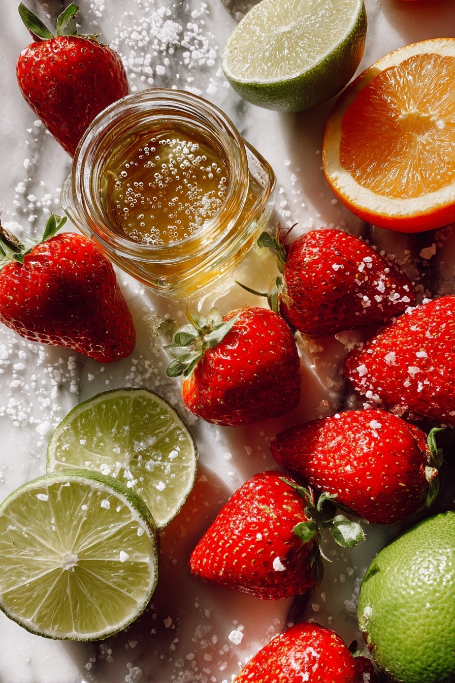 Strawberry Lime Mocktail Margarita, non-alcoholic strawberry lime drink, refreshing fruit mocktail, summer mocktail recipes, easy Margarita mocktail - Flat lay of fresh ripe strawberries with vibrant red color, bright green lime halves and slices, a small glass jar of golden honey glistening under the light, fresh whole limes showing their textured skin, an orange cut in half revealing juicy segments, and sparkling water bubbles captured in a clear glass bottle, all beautifully arranged with a few scattered flaky salt crystals on the side, placed on a white marble surface, photo taken with an iphone --ar 2:3 --v 7