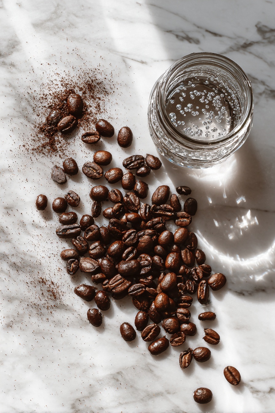 How to Make Cold Brew Coffee, cold brew coffee recipe, easy cold brew coffee, best cold brew coffee method, homemade cold brew coffee - Flat lay of medium to dark roast whole coffee beans scattered artfully next to a small glass jar filled with filtered water droplets on its surface, surrounded by a few coffee grounds gently placed nearby, all arranged with natural light highlighting their rich brown and clear tones, placed on a white marble surface, photo taken with an iphone --ar 2:3 --v 7