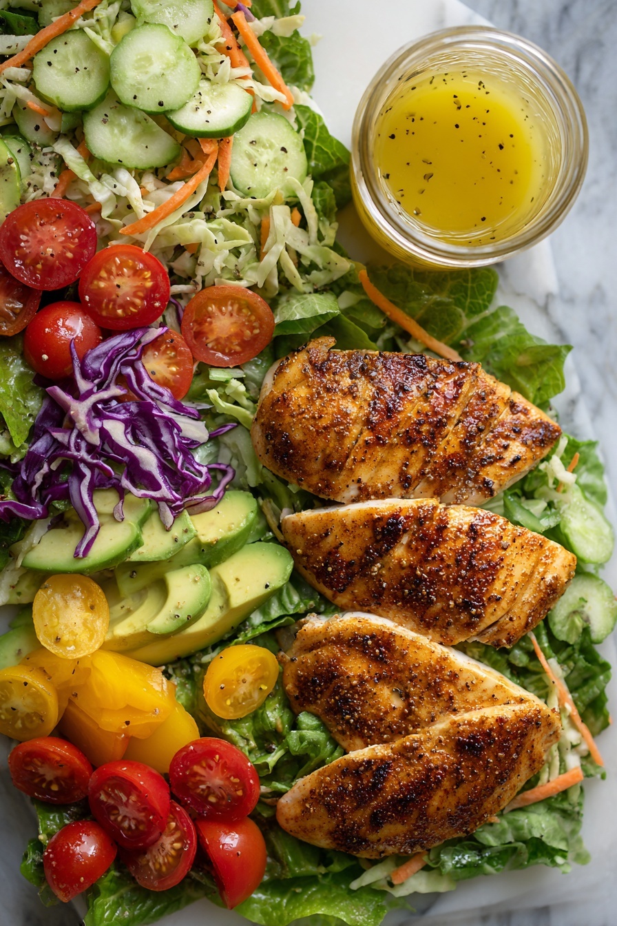 Chicken Chopped Salad with Honey Mustard Vinaigrette, healthy chicken salad, easy chicken salad recipe, quick lunch salad, fresh vegetable salad - Flat lay of boneless skinless chicken breasts seasoned with chili powder, smoked paprika, cumin, and brown sugar, fresh green lettuce leaves mixed with shredded cabbage and carrots, halved bright red cherry tomatoes, peeled diced cucumber, diced yellow bell pepper, ripe sliced avocado, and a small jar of golden honey vinaigrette, all beautifully arranged with vibrant colors and textures, placed on a white marble surface, photo taken with an iphone --ar 2:3 --v 7