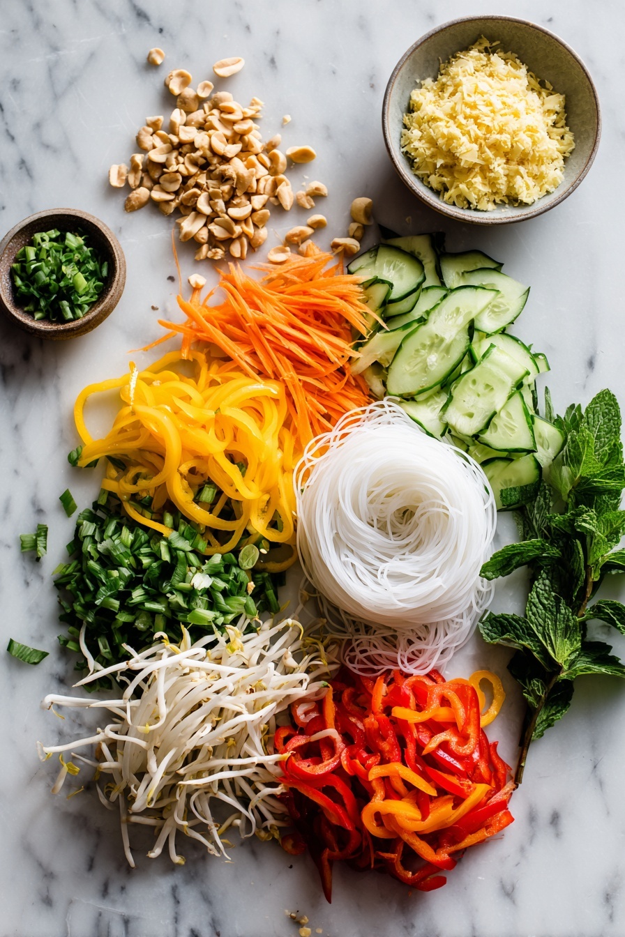 Spring Roll Salad with Spicy Ginger Dressing, Vietnamese spring roll salad, healthy spring salad recipes, easy summer salads, crunchy veggie salad - Flat lay of fresh rice vermicelli noodles neatly coiled, vibrant shredded orange carrots, thinly sliced red and yellow bell peppers, crisp cucumber slices, fresh white bean sprouts, bright green chopped cilantro and mint leaves, delicate slices of green onions, small piles of crushed peanuts, and a pile of freshly grated ginger, all beautifully arranged on a white marble surface, photo taken with an iphone --ar 2:3 --v 7