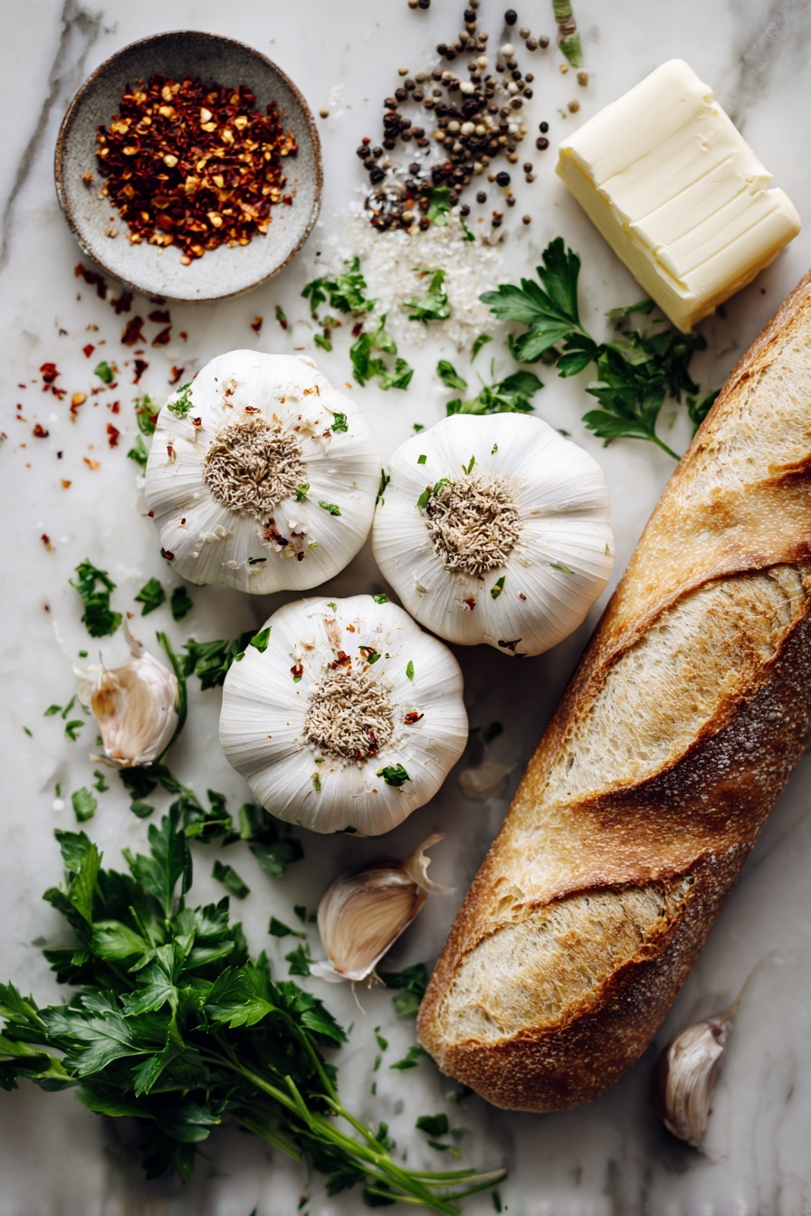 Simple Roasted Garlic Bread Garlic Bread with Roasted Garlic Butter Easy Garlic Bread Homemade Garlic Bread - Flat lay of three whole garlic heads with their tops sliced off, a handful of fresh parsley leaves scattered nearby, a half stick of creamy unsalted butter softened and slightly melting, small piles of red chili flakes and coarse sea salt flakes, a few freshly ground black peppercorns, and a rustic French baguette sliced lengthwise, all beautifully arranged with rich textures and natural colors, placed on a white marble surface, photo taken with an iphone --ar 2:3 --v 7