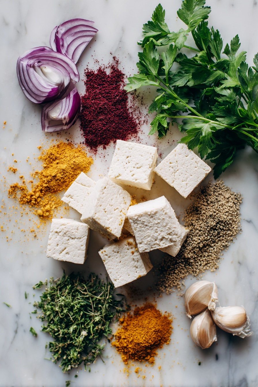 Middle Eastern Tofu Kebabs, Middle Eastern tofu skewers, vegetarian Middle Eastern dishes, flavorful tofu kebabs, quick Middle Eastern recipes - Flat lay of firm tofu chunks, bright red onion slices, fresh garlic cloves, vibrant dried cumin seeds, coriander seeds, deep red sumac powder, fresh green parsley and coriander leaves, and a small pile of golden turmeric and chili powder, all beautifully arranged on a white marble surface, photo taken with an iphone --ar 2:3 --v 7