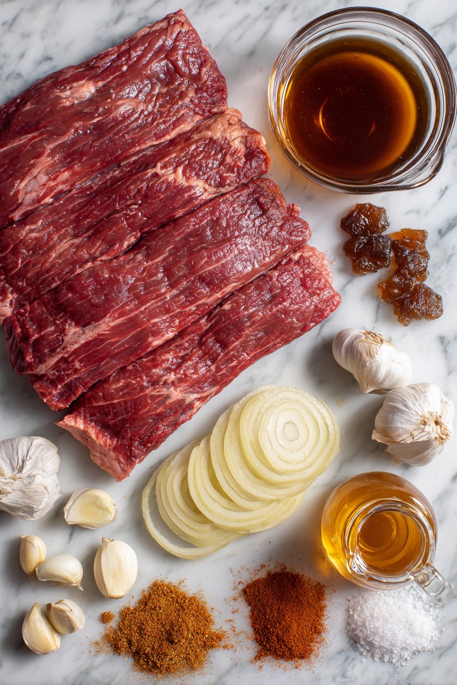 Sweet & Savory Caramelized Pulled Beef Brisket, caramelized pulled beef, tender brisket recipes, flavorful beef dishes, slow cooker beef recipes - Flat lay of a raw beef brisket slab with a rich red color and marbled fat, thinly sliced yellow onions arranged in delicate overlapping piles, several bulbs of garlic with some cloves peeled and whole, a small mound of dark brown sugar crystals, a glass container of deep amber soy sauce, a measuring cup of rich beef broth with a glossy surface, a small bottle of apple cider vinegar showing a golden tint, and scattered piles of smoked paprika and ground cumin powders in warm reddish and brown hues, all placed on a white marble surface, photo taken with an iphone --ar 2:3 --v 7