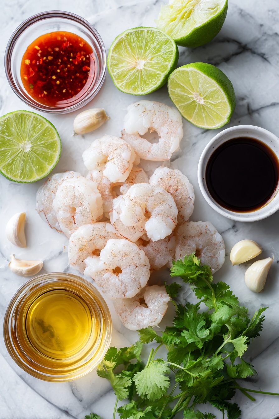 Grilled Garlic Lime Honey Shrimp, garlic lime shrimp skewers, honey lime shrimp marinade, easy shrimp skewer recipes, quick grilled seafood - Flat lay of raw peeled and deveined shrimp, bright green fresh cilantro leaves, halved lime wedges showing juicy interiors, several peeled garlic cloves, a small glass of golden honey, a pool of dark soy sauce, a drizzle of vibrant red chili garlic sauce, fresh lime juice in a clear small bowl, all beautifully arranged on a white marble surface, photo taken with an iphone --ar 2:3 --v 7