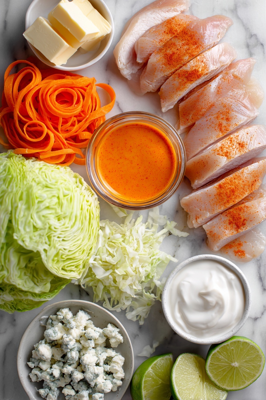 Grilled Buffalo Chicken Sandwiches, Buffalo Chicken Sandwiches, Gorgonzola Slaw, Spicy Chicken Sandwich, Easy Buffalo Chicken Recipe - Flat lay of thin sliced raw chicken breasts seasoned with smoked paprika and garlic powder, vibrant bright orange hot sauce in a small glass container, creamy unsalted butter cubes, fresh green cabbage leaves and shredded cabbage, long curly bright orange carrot ribbons, crumbled white and blue gorgonzola cheese chunks, smooth white Greek yogurt dollop, and a halved lime with juicy flesh visible, all beautifully arranged on a white marble surface, photo taken with an iphone --ar 2:3 --v 7