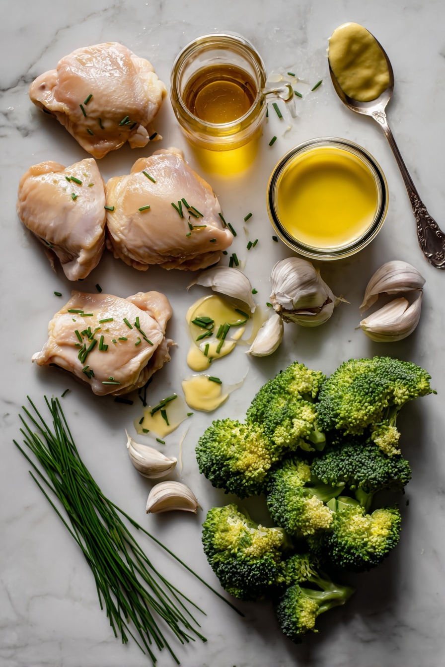 Grilled Honey Mustard Chicken and Broccoli, honey mustard chicken, healthy grilled chicken recipes, easy weeknight dinner ideas, flavorful grilled broccoli - Flat lay of boneless chicken thighs, fresh broccoli florets, a small jar of golden honey, a spoonful of smooth dijon mustard, vibrant green chives, and a scattering of garlic cloves, all beautifully arranged with a drizzle of olive oil glistening nearby, placed on a white marble surface, photo taken with an iphone --ar 2:3 --v 7