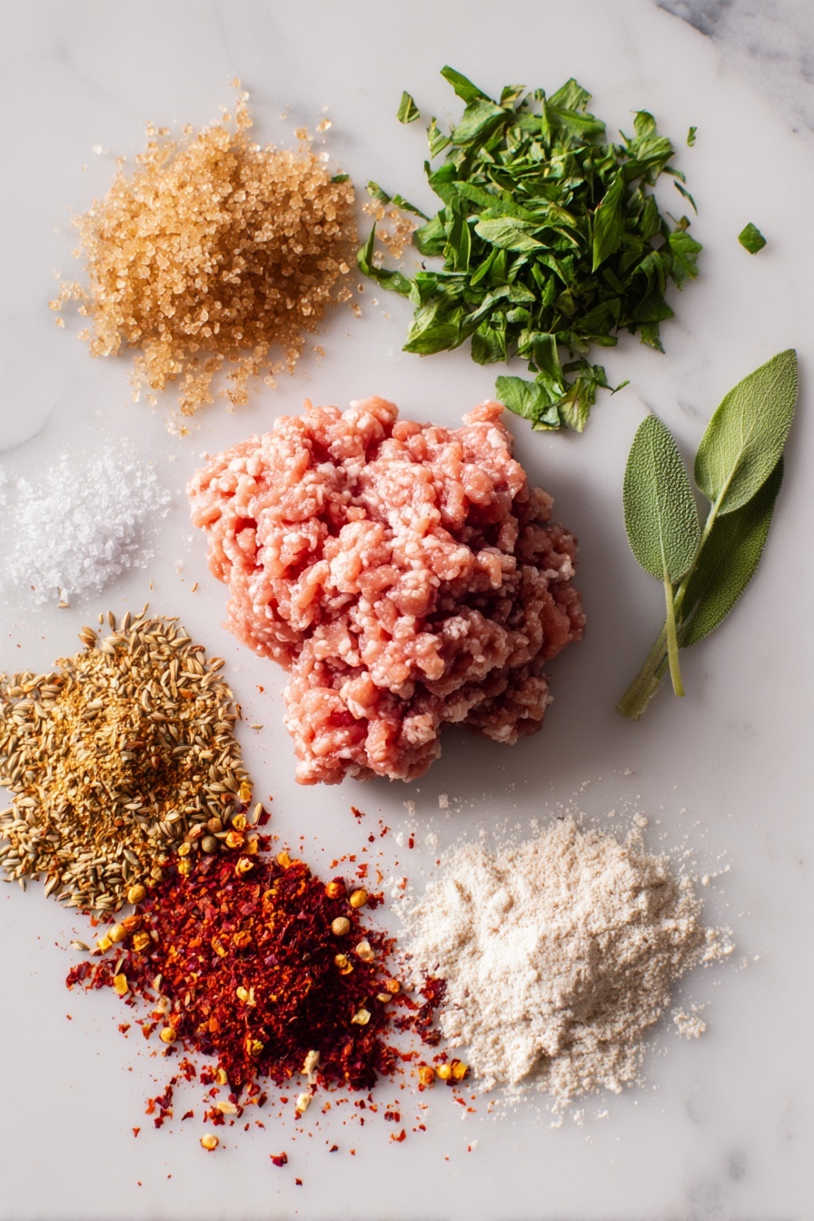 Air Fryer Turkey Breakfast Sausage, healthy turkey breakfast sausage, easy air fryer sausage recipe, quick breakfast sausage, low-fat turkey sausage - Flat lay of raw ground turkey shaped into a soft mound, small piles of light brown sugar crystals, fresh bright green chopped sage leaves, deep red smoked paprika powder, crushed red pepper flakes with vibrant red and orange hues, crushed fennel seeds with a pale beige tone, and fine white garlic powder, all beautifully arranged with ample space between each ingredient, placed on a white marble surface, photo taken with an iphone --ar 2:3 --v 7