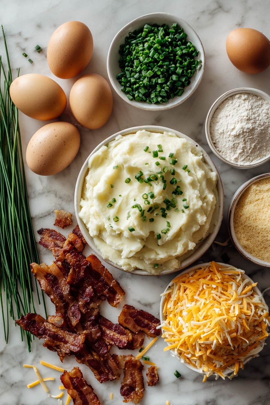 Fried Mashed Potato Balls with Bacon and Cheddar, mashed potato balls with bacon and cheddar, crispy bacon and cheddar potato bites, cheesy bacon mashed potato snacks, party appetizer with bacon and cheese - Flat lay of creamy mashed potatoes, crispy cooked bacon pieces, shredded cheddar cheese, fresh bright green chives, whole brown eggs, golden panko bread crumbs, and a small pile of garlic powder, all beautifully arranged in natural light placed on a white marble surface, photo taken with an iphone --ar 2:3 --v 7