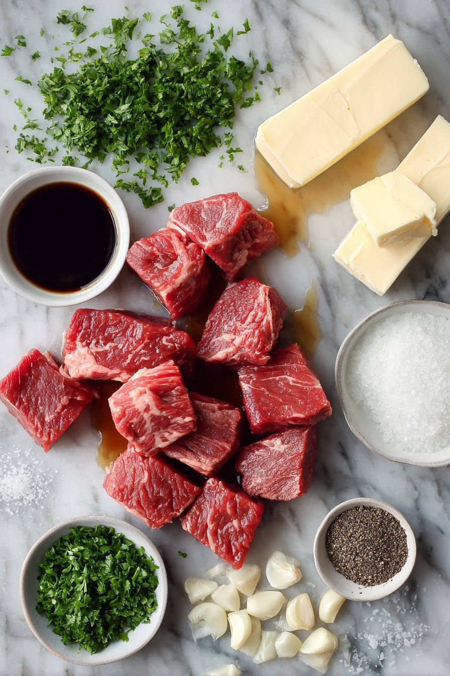 Air Fryer Steak Bites with Garlic Butter, Air Fryer Steak Bites, Easy Steak Bites, Garlic Butter Steak, Quick Steak Dinner - Flat lay of tender cubes of raw New York strip steak, glossy Worcestershire sauce drizzled in a small puddle, a handful of finely chopped bright green fresh parsley, several peeled garlic cloves and some finely chopped garlic pieces, a stick of creamy unsalted butter broken into chunks, coarse kosher salt crystals sprinkled around, and a few cracks of freshly ground black pepper, all beautifully arranged with careful spacing and color contrast, placed on a white marble surface, photo taken with an iphone --ar 2:3 --v 7