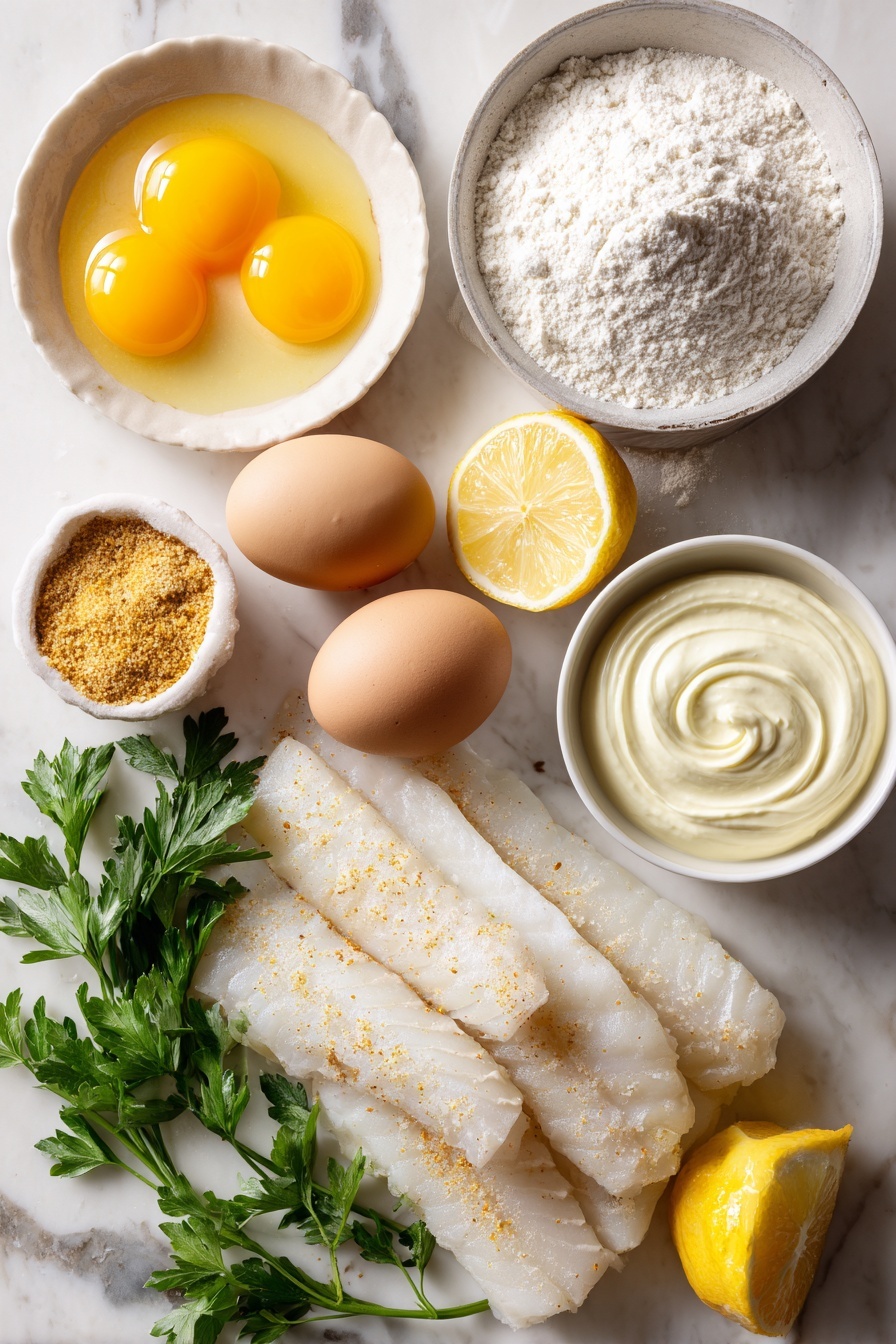 Crispy Air Fryer Cod with Old Bay Bread crumbs, air fryer fish recipes, easy fish dinner ideas, healthy seafood recipes, crunchy cod fillet recipe - Flat lay of fresh cod fish strips, large eggs cracked open with bright yolks visible, golden panko breadcrumbs mixed with Old Bay seasoning, half a cup of all-purpose flour dusted lightly, vibrant lemon wedges sliced thinly, and a dollop of creamy tartar sauce swirled gently, all beautifully arranged with a few sprigs of fresh parsley for color accent, placed on a white marble surface, photo taken with an iphone --ar 2:3 --v 7