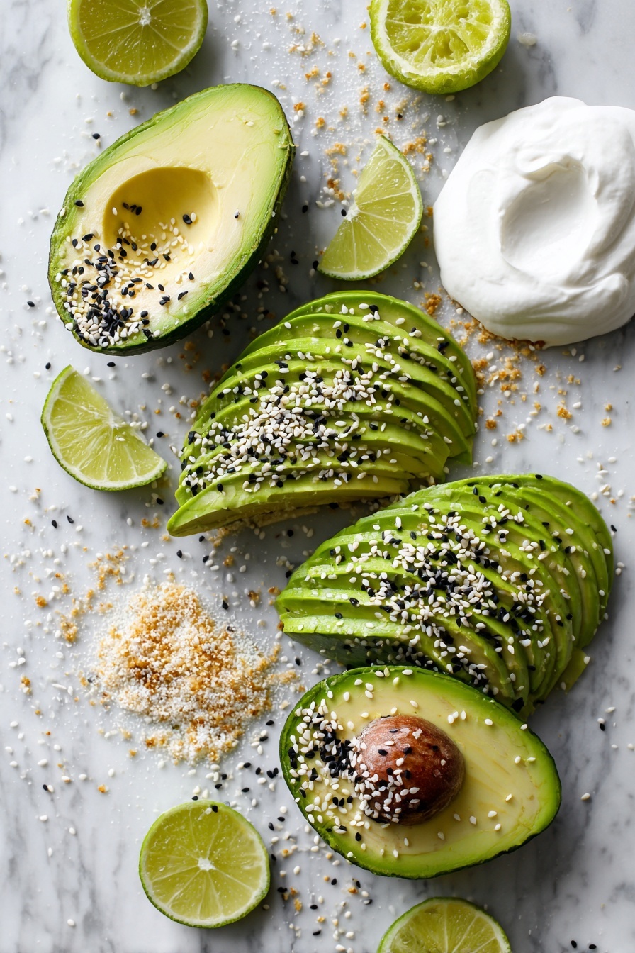 Air Fryer Everything Bagel Avocado Fries, crunchy avocado fries, healthy snack ideas, quick avocado recipes, easy air fryer snacks - Flat lay of ripe avocado halves sliced thick, panko breadcrumbs scattered with black and white sesame seeds mixed in, a small pile of golden everything bagel seasoning, lime wedges bright and fresh, smooth cream cheese dolloped and slightly melted with a hint of water, all beautifully arranged with a few loose sesame seeds sprinkled around, placed on a white marble surface, photo taken with an iphone --ar 2:3 --v 7