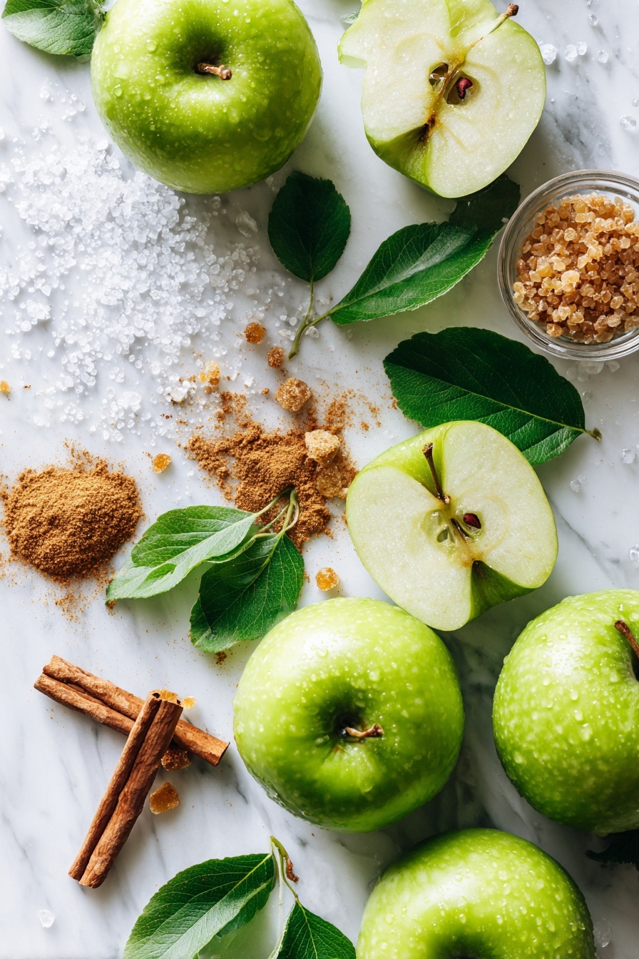 Instant Pot Applesauce, homemade applesauce recipe, easy applesauce recipe, healthy applesauce, quick apple sauce - Flat lay of bright green Granny Smith apples, some whole and some peeled with cores removed, small piles of warm brown sugar crystals, a scattering of ground cinnamon powder, and a few tiny grains of kosher salt, all beautifully arranged with fresh apple leaves and a splash of clear water droplets nearby, placed on a white marble surface, photo taken with an iphone --ar 2:3 --v 7