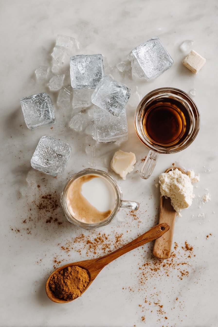 Iced High Protein Coffee, healthy iced coffee, protein coffee recipe, energizing coffee drinks, quick protein coffee - Flat lay of ice cubes glistening with frost, a small glass container of dark, rich espresso, a cup of creamy milk, a scoop of white whey protein powder spilling slightly, a small wooden spoon of golden maple syrup, and a sprinkle of warm brown cinnamon powder artfully scattered, placed on a white marble surface, photo taken with an iphone --ar 2:3 --v 7
