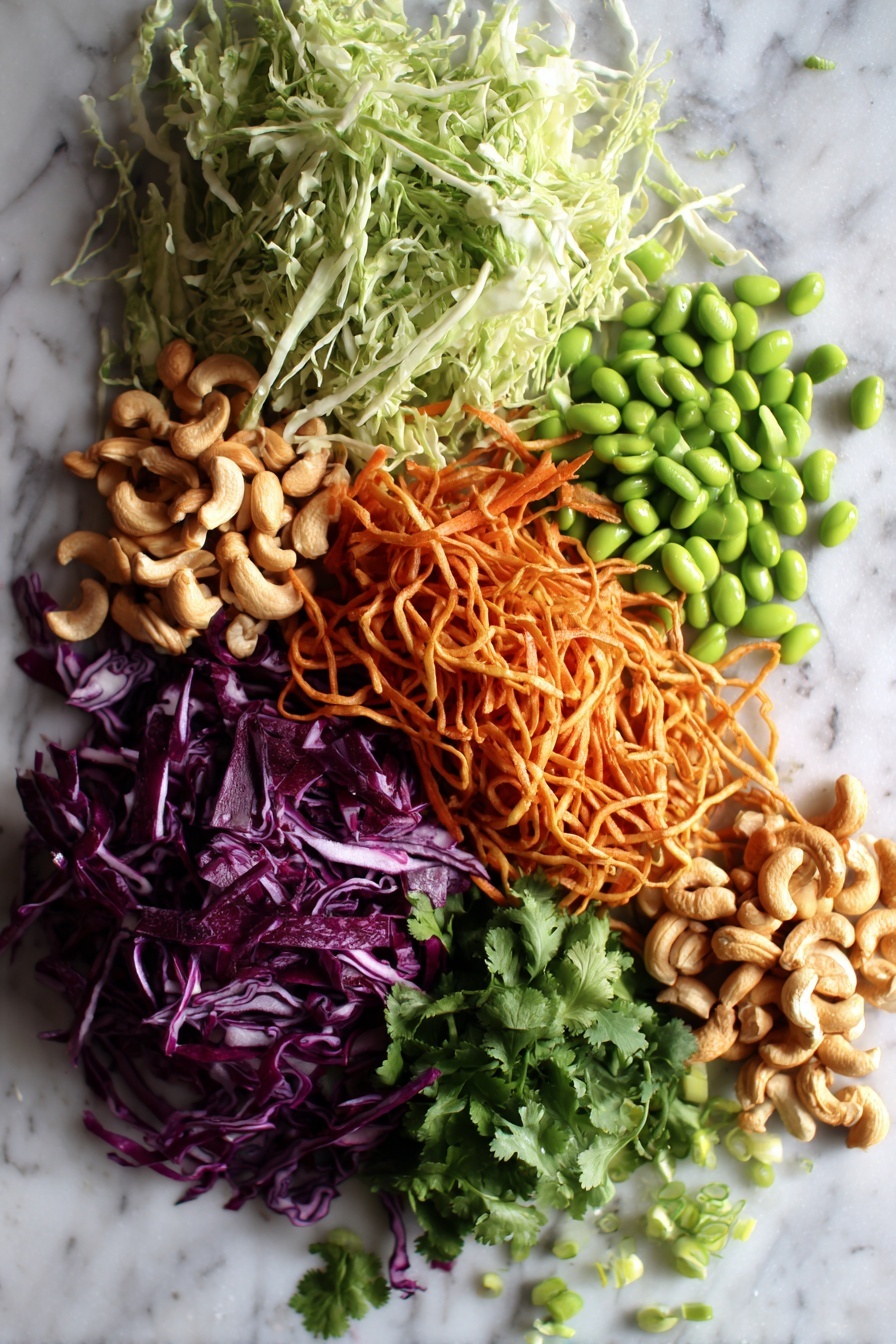 Cashew Crunch Salad with Sesame Dressing, healthy crunchy salads, easy vegetable salads, flavorful sesame salad dressing, vegetarian salad recipes - Flat lay of finely shredded green cabbage and purple cabbage, bright orange matchstick carrots, fresh green cilantro leaves, sliced green onions, vibrant green cooked edamame, glossy roasted cashews, and a small pile of crunchy chow mein noodles, all beautifully arranged with contrasting colors and textures, placed on a white marble surface, photo taken with an iphone --ar 2:3 --v 7