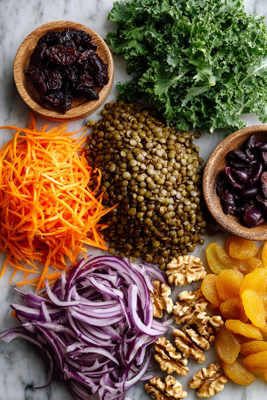 Moroccan Lentil Carrot Salad, vegan lentil and carrot salad, Moroccan spiced vegan salad, healthy vegan Moroccan salad, quick vegan lentil salad - Flat lay of cooked French green lentils piled in a rustic mound, bright shredded orange carrots scattered nearby, fresh bright green mint leaves loosely arranged, thinly sliced deep purple-red onion spread in a delicate fan, plump golden raisins clustered together, crunchy toasted walnut halves scattered around, glossy dark purple Kalamata olives sliced and spaced evenly, and fresh vibrant green kale leaves fanned out, placed on a white marble surface, photo taken with an iphone --ar 2:3 --v 7