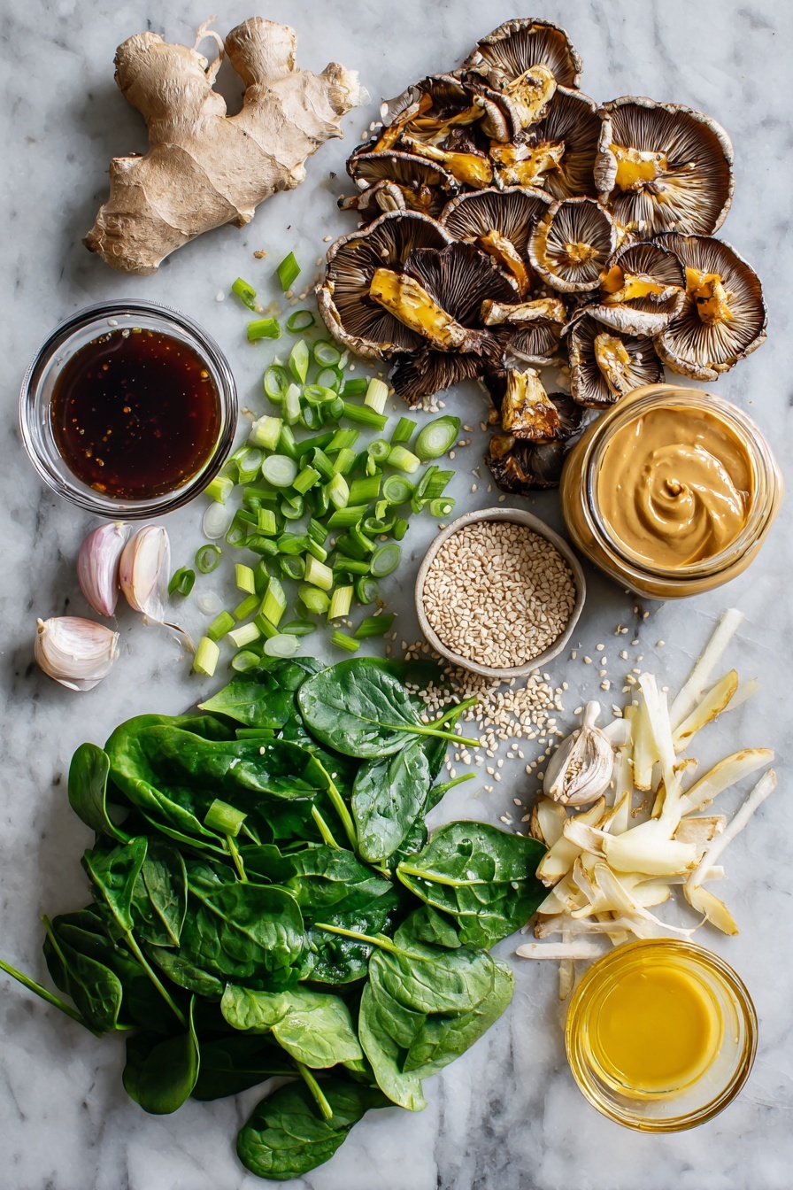 Saucy Ginger Sesame Noodles with Caramelized Mushrooms, quick Asian noodle recipes, easy weeknight dinner ideas, flavorful mushroom noodle stir-fry, 30-minute Asian noodles - Flat lay of fresh shiitake mushrooms sliced with rich golden caramelized edges, chopped shallots with a soft purple hue, vibrant green baby spinach leaves roughly chopped, bright green sliced green onions, small heaps of raw white sesame seeds, fresh grated pale yellow ginger root, whole garlic cloves and grated garlic scattered, glossy dark amber honey in a small drizzle pool, and a small jar of creamy light brown peanut butter, all beautifully arranged on a white marble surface, photo taken with an iphone --ar 2:3 --v 7