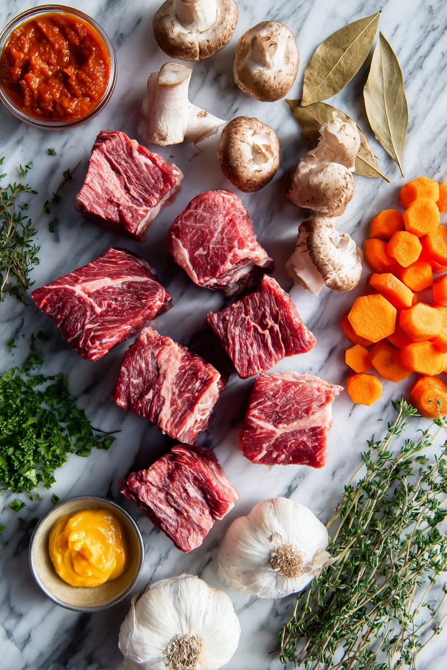 French Beef Bourguignon, Beef Bourguignon recipe, classic French beef stew, hearty French beef dish, slow-cooked beef stew - Flat lay of thick chunks of raw chuck beef with rich marbling, strips of uncooked bacon, peeled whole garlic cloves sliced and smashed, bright orange carrot pieces cut into chunks, plump fresh mushrooms whole and halved, vibrant green thyme sprigs, glossy deep red tomato paste dollops, fresh chopped parsley, and two dried bay leaves arranged beautifully on a white marble surface, photo taken with an iphone --ar 2:3 --v 7