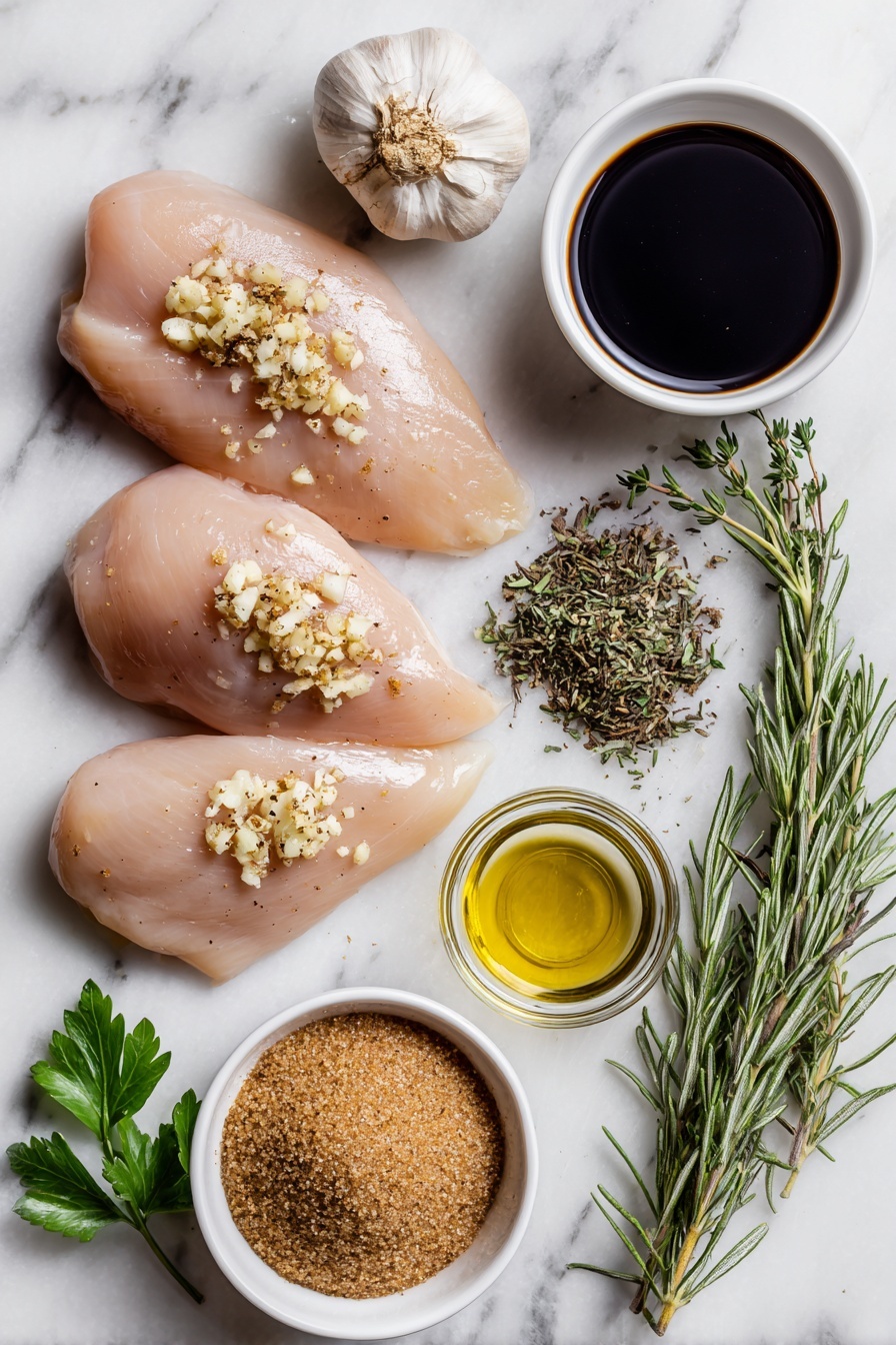 Grilled Balsamic Herb Chicken Breast, balsamic herb chicken marinade, how to grill chicken breasts, juicy grilled chicken recipes, easy healthy chicken dinner - Flat lay of boneless, skinless chicken breasts, whole garlic cloves finely chopped and spread, small piles of dried rosemary and dried thyme, a small bowl of dark, glossy balsamic vinegar, a drizzle of golden extra-virgin olive oil, a neat mound of soft brown sugar, and fresh bright green parsley leaves, all beautifully arranged on a white marble surface, photo taken with an iphone --ar 2:3 --v 7
