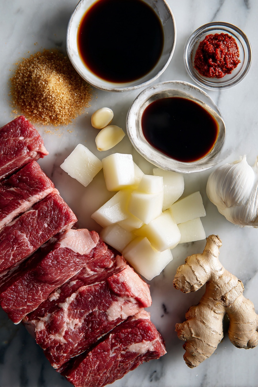 Grilled Short Ribs with Asian Pear Marinade, Asian pear ribs recipe, grilled short ribs, Asian marinade for ribs, tender short ribs on the grill - Flat lay of a peeled and roughly chopped Asian pear, bright red gochujang paste in a small dollop, several whole garlic cloves, a chunk of peeled fresh ginger, raw boneless short ribs showing marbled texture, a small pile of brown sugar crystals, a splash of dark soy sauce pooled lightly, and a drizzle of toasted sesame oil glistening softly, all arranged neatly with natural lighting and soft shadows, placed on a white marble surface, photo taken with an iphone --ar 2:3 --v 7