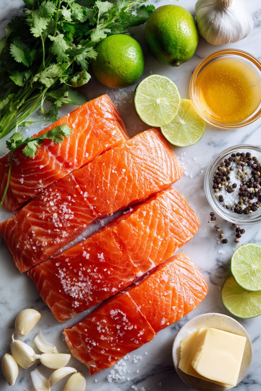 Cilantro Lime Grilled Salmon, grilled salmon recipes, citrus salmon dinner, healthy seafood recipes, easy summer seafood - Flat lay of fresh raw salmon fillets with vibrant pink flesh, bright green cilantro sprigs, juicy whole limes and lime slices, golden honey in a small glass pool, creamy pats of butter, and peeled garlic cloves, all beautifully arranged with a sprinkle of coarse kosher salt and black peppercorns placed on a white marble surface, photo taken with an iphone --ar 2:3 --v 7