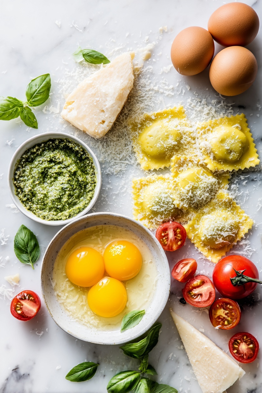 Air Fryer Ravioli, crispy ravioli appetizer, easy air fryer snacks, cheesy ravioli bites, quick ravioli recipes - Flat lay of fresh refrigerated ravioli, whole eggs cracked open showing bright yolks, a small mound of Italian bread crumbs mixed with grated Parmesan cheese, a wedge of Parmesan with some shavings scattered nearby, a small bowl of vibrant green pesto, and ripe cherry tomatoes cut in halves, fresh basil leaves scattered around for color and aroma, placed on a white marble surface, photo taken with an iphone --ar 2:3 --v 7