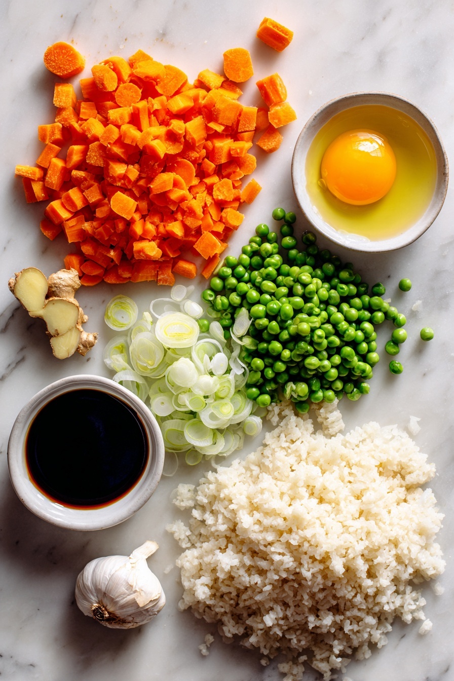Air Fryer Fried Brown Rice, healthy fried rice, easy air fryer recipes, quick brown rice dinner, guilt-free fried rice - Flat lay of chopped bright orange carrot pieces, thinly sliced white and green scallion parts separated, small fresh ginger slices, a clove of finely chopped garlic, fluffy cooked brown rice mounded loosely, vibrant green thawed peas, a lightly beaten large egg with a smooth yellow surface, and small droplets of dark soy sauce and golden toasted sesame oil artfully drizzled, all placed on a white marble surface, photo taken with an iphone --ar 2:3 --v 7
