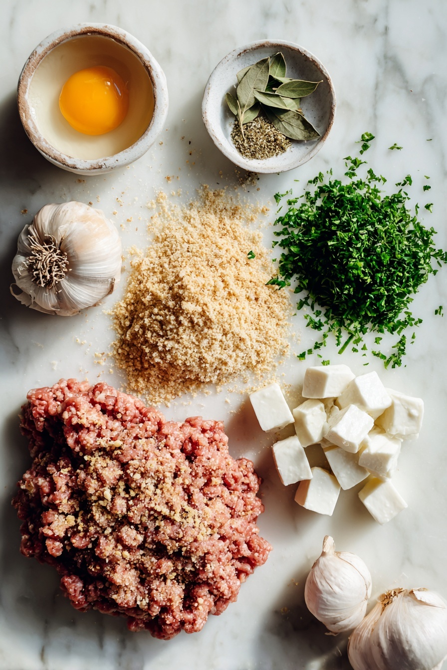 Air Fryer Meatballs with Mozzarella and Marinara, air fryer meatball recipe, cheesy meatballs in air fryer, juicy mozzarella stuffed meatballs, easy air fryer dinner - Flat lay of fresh ground beef, golden bread crumbs, a small pile of grated Parmesan cheese, bright green chopped parsley, a whole raw egg, peeled garlic cloves, dried oregano leaves, and small white cubes of fresh mozzarella, all beautifully arranged on a white marble surface, photo taken with an iphone --ar 2:3 --v 7