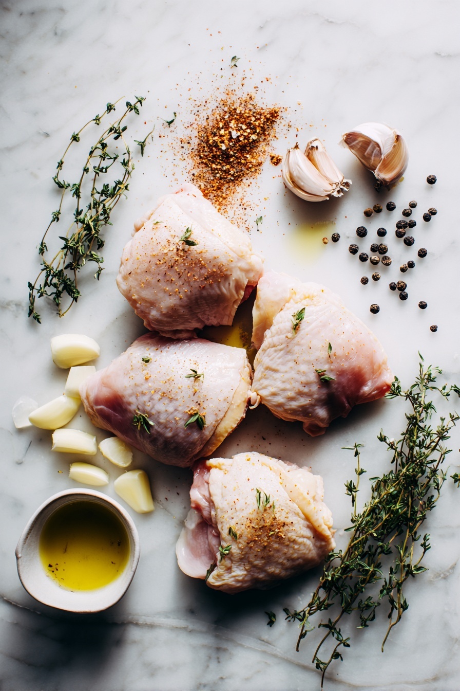 Instant Pot Chicken Thighs with Thyme and Garlic Gravy, easy chicken thigh dinner, crockpot chicken recipes, savory garlic thyme chicken, weeknight chicken dinner - Flat lay of bone-in skin-on chicken thighs with golden crispy skin, fresh sprigs of thyme, small piles of smoked paprika powder, sliced garlic cloves, freshly chopped thyme leaves scattered delicately, and coarse black peppercorns, all arranged with a touch of extra-virgin olive oil glistening nearby, placed on a white marble surface, photo taken with an iphone --ar 2:3 --v 7