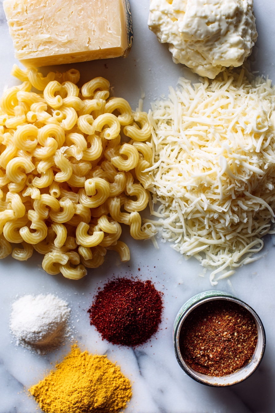 Instant Pot Mac and Cheese, easy Instant Pot cheesy pasta, quick pressure cooker mac and cheese, creamy Instant Pot macaroni, one-pot Instant Pot pasta - Flat lay of uncooked elbow macaroni scattered alongside a small mound of creamy butter, a heap of shredded sharp cheddar cheese, shredded smooth fontina cheese, finely grated Parmesan cheese, a can of evaporated milk with the label visible, and small piles of bright yellow ground mustard powder and deep red smoked paprika, all beautifully arranged with vibrant colors and textures balanced across the white marble surface, photo taken with an iphone --ar 2:3 --v 7