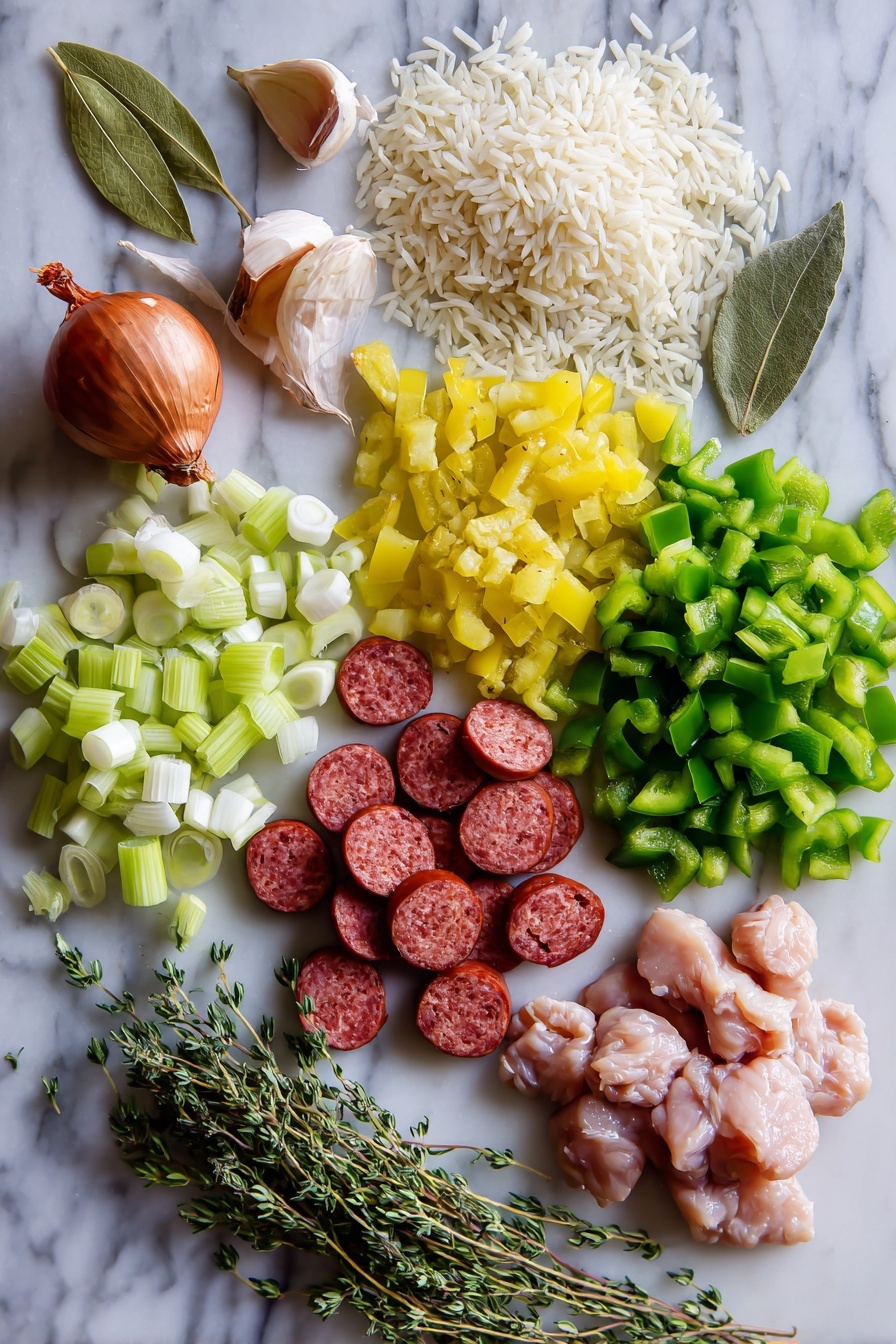 Instant Pot Jambalaya, Cajun Chicken and Sausage Stew, Easy One-Pot Cajun Meal, Speedy Jambalaya Dinner, Instant Pot Cajun Recipes - Flat lay of plump smoked andouille sausage slices, bright green chopped bell pepper, pale yellow chopped onion, fresh celery stalks cut into pieces, peeled garlic cloves, vibrant green scallions, raw chicken thighs cut into chunks, and a small pile of long-grain white rice, all beautifully arranged with scattered dried bay leaves and a few sprigs of dried thyme, placed on a white marble surface, photo taken with an iphone --ar 2:3 --v 7
