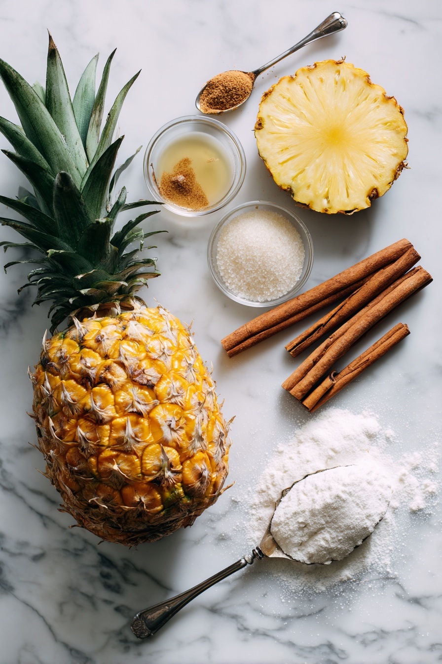 Colombian Pineapple Sauce, tropical fruit sauce, pineapple glaze, homemade pineapple sauce, Colombian cuisine - Flat lay of a fresh whole Honey Gold pineapple with golden yellow flesh exposed, cinnamon sticks arranged neatly beside it, white granulated sugar crystals sparkling in a small pile, a small splash of clear white vinegar, and a few spoons of fine cornstarch powder, all placed on a white marble surface, photo taken with an iphone --ar 2:3 --v 7