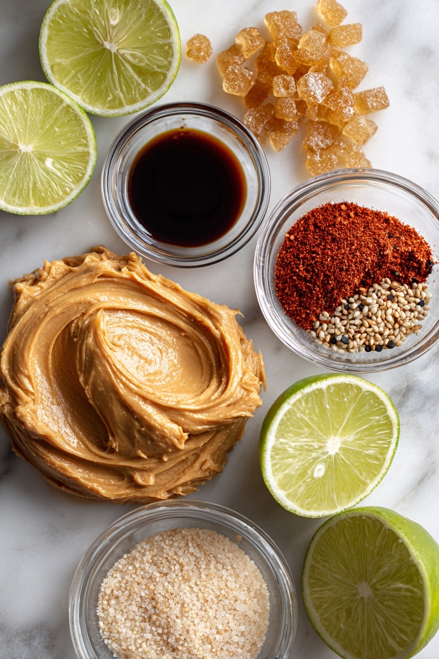 Easy Peanut Sauce, peanut sauce recipe, quick peanut sauce, versatile peanut dipping sauce, easy stir-fry sauce - Flat lay of a smooth mound of creamy peanut butter, small glass bowls filled with dark soy sauce and golden brown sugar crystals, fresh lime halves with vibrant green flesh, a small pile of light tan rice vinegar crystals, a tiny heap of reddish cayenne pepper powder, delicate beige ground ginger powder, a sprinkle of cracked black peppercorns, and a small pool of glossy amber sesame oil, all beautifully arranged in a balanced composition, placed on a white marble surface, photo taken with an iphone --ar 2:3 --v 7