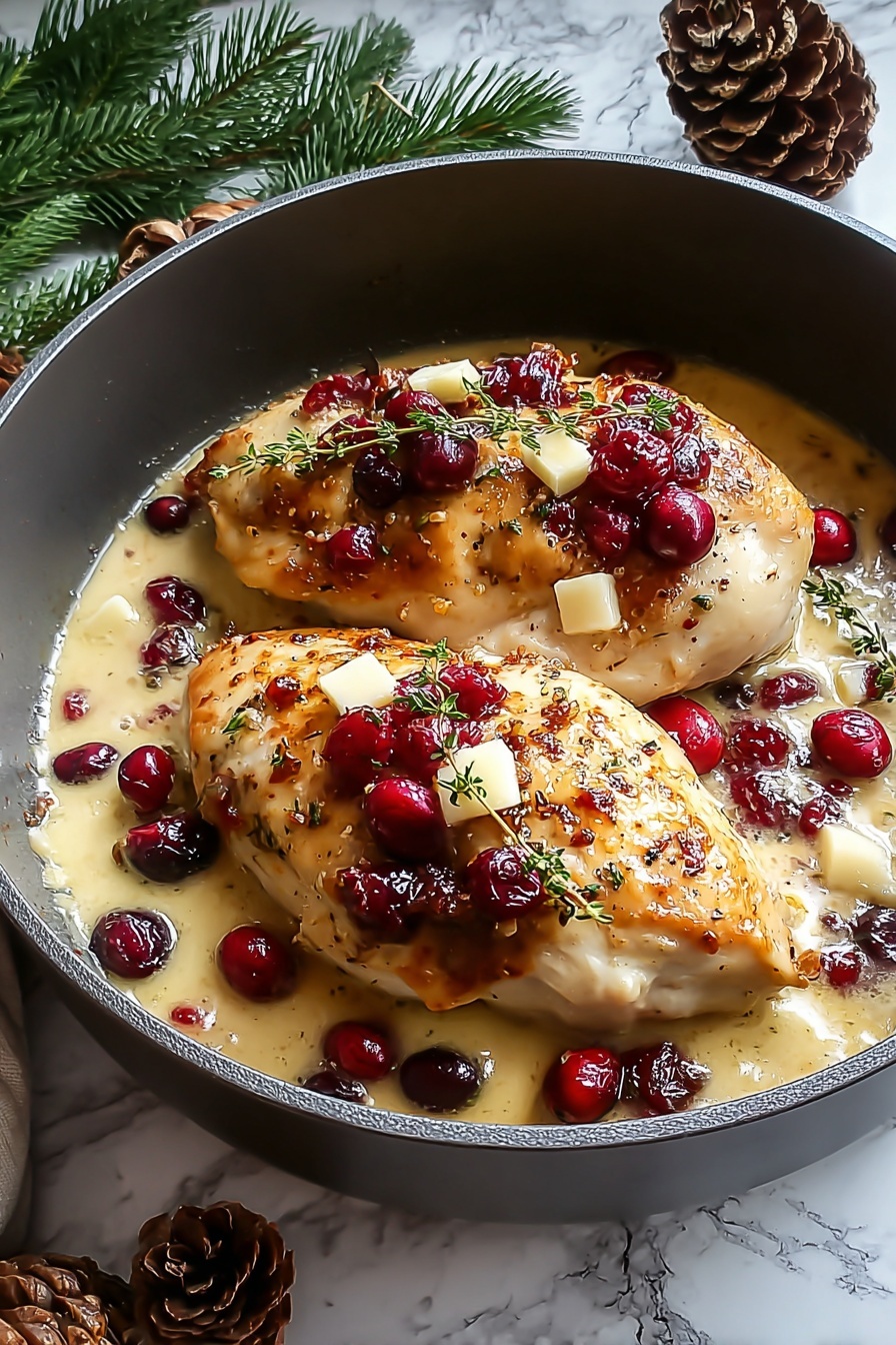 Impressive Cranberry Brie Stuffed Chicken, cranberry brie stuffed chicken, stuffed chicken breast recipes, elegant chicken dinner ideas, holiday chicken recipes - The image shows a close-up of two thick, golden-brown seared chicken pieces resting in a black pan, placed on a white marbled surface. The chicken is topped with small red cranberries and tiny cubes of pale yellow butter, with fresh green sprigs of thyme scattered on and around the pieces. The chicken is covered partly with a creamy, slightly melted sauce that pools around the edges in the pan. The scene is decorated with pinecones and green pine leaves on the white marble, adding a cozy, festive touch. Photo taken with an iphone --ar 2:3 --v 7
