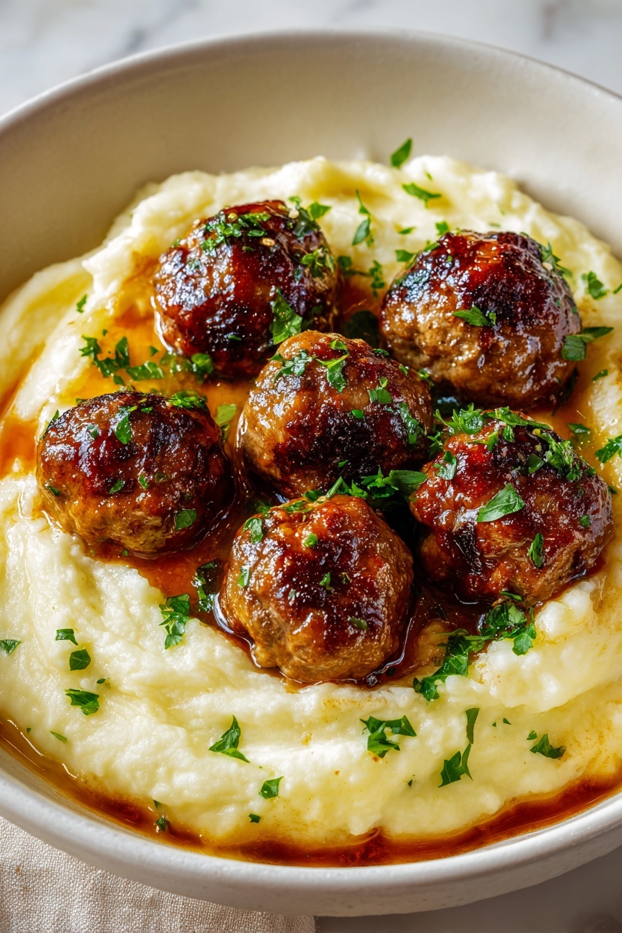 Salisbury Steak Meatballs with Garlic Herb Mashed Potatoes, Salisbury steak meatballs recipe, comfort food dinner ideas, easy meatball recipes, hearty family dinner - The image shows a white shallow bowl filled with a base layer of creamy mashed potatoes that are smooth and pale yellow with some soft texture. On top of the mashed potatoes, there are six browned meatballs, shiny and slightly crispy with a dark golden-brown color. A sauce with a reddish-brown hue pools slightly around the edges of the mashed potatoes. Bright green chopped parsley is sprinkled over the meatballs and some on the mashed potatoes, adding a fresh contrast. The bowl sits on a white marbled surface, and the lighting brings out the rich colors and textures well. Photo taken with an iphone --ar 2:3 --v 7