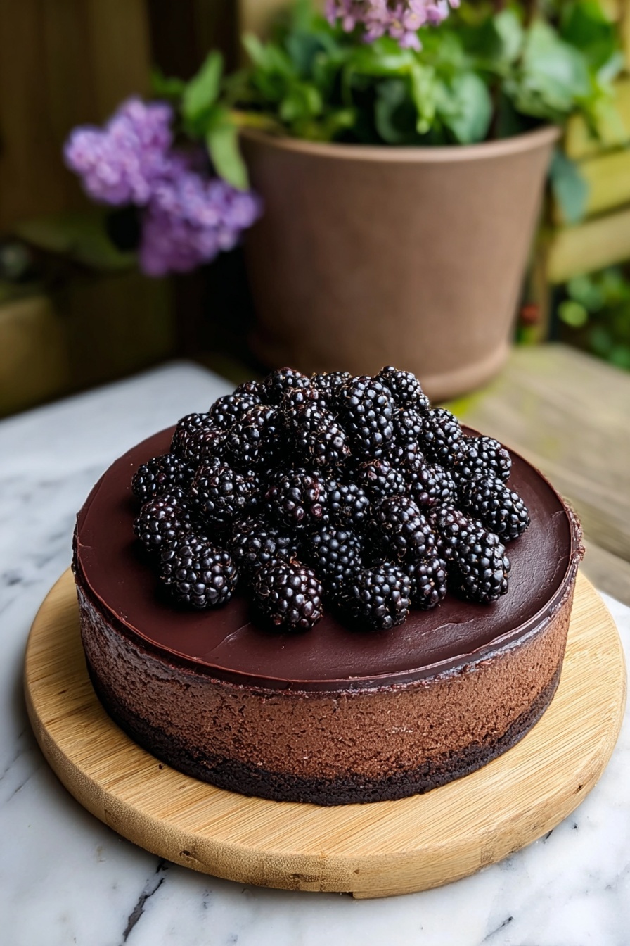 Blackberry Velvet Gothic Cake, Blackberry chocolate layer cake, dark berry dessert, rich blackcurrant cake, gothic themed cake recipe - A round chocolate cake sits on a light wooden board, placed on a white marbled surface. The cake has two layers: a dark, moist bottom layer and a thick, smooth, shiny dark chocolate layer on top. A generous pile of fresh, black shiny blackberries decorates the center of the cake, contrasting with the deep dark chocolate. In the background, there are green leaves and purple flowers in a brown pot, adding a natural touch. photo taken with an iphone --ar 2:3 --v 7