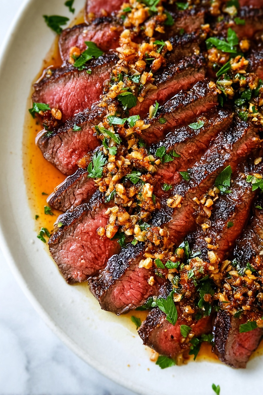 Garlic Butter Brazilian Steak, Brazilian steak recipe, garlic butter steak, quick steak dinner, flavorful Brazilian beef - The image shows a white plate with multiple thick slices of medium-rare steak arranged closely in a row. Each steak slice has a dark brown grilled outer layer with tender pink interiors. The top is covered with small crispy golden-brown bits and sprinkled with fresh bright green parsley leaves. A shiny silver fork is piercing the last slice on the right side, held by a woman's hand. The plate is placed on a white marbled surface with some sauce pooling at the bottom of the steak slices, giving a juicy look. photo taken with an iphone --ar 2:3 --v 7