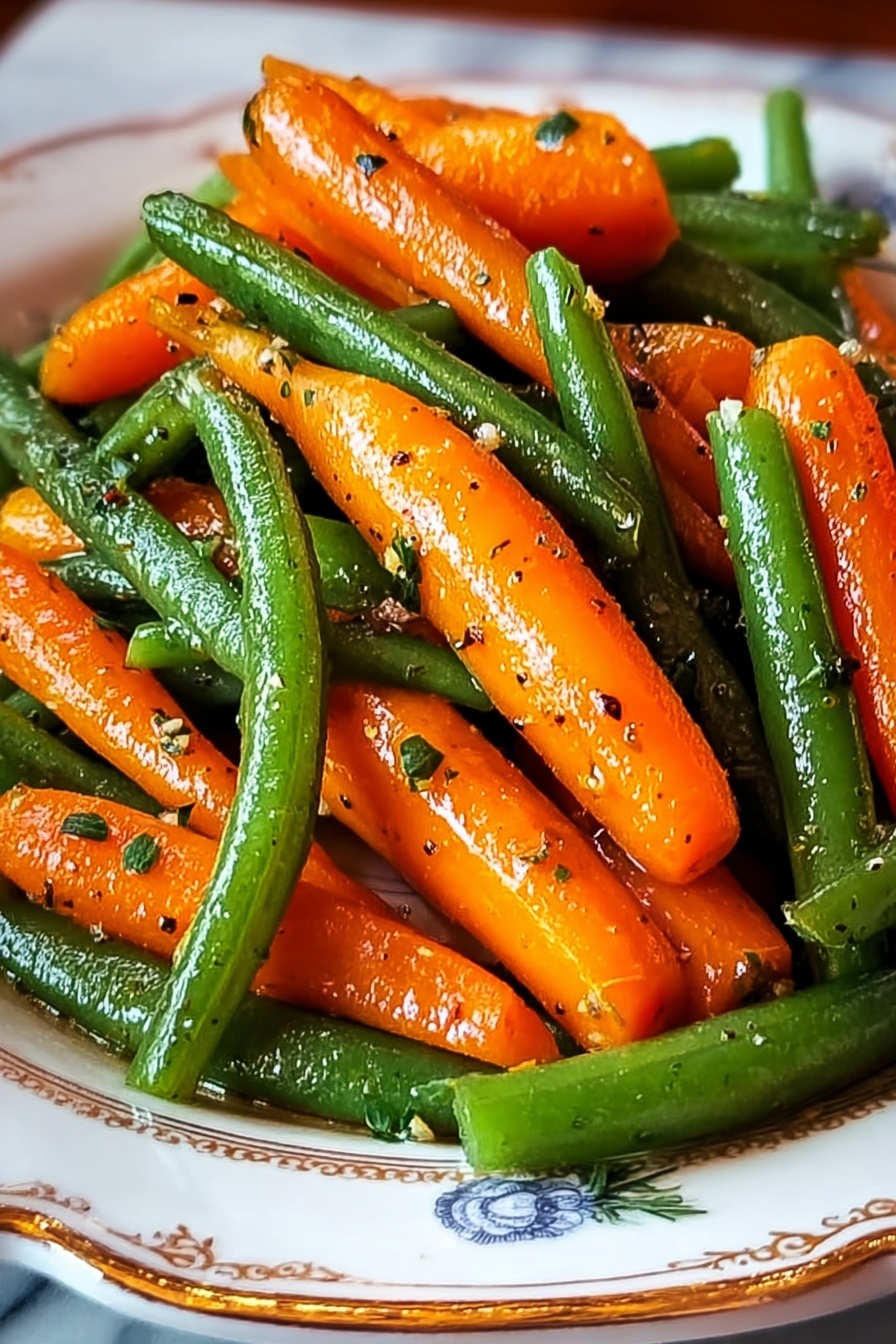 Honey Glazed Carrots and Green Beans, glazed vegetable side dish, easy roasted veggie recipes, healthy vegetable side, quick weeknight side dish - A close-up of a serving of cooked baby carrots and green beans, mixed together with shiny, slightly oily surfaces and small black pepper specks scattered evenly on them. The carrots are bright orange and smooth, while the green beans are vibrant green and slender, all placed in a white plate with a delicate gold and gray floral pattern around the edge. The plate sits on a white marbled surface. The angle shows the vegetables piled in a small heap, highlighting their fresh texture and seasoning photo taken with an iphone --ar 2:3 --v 7