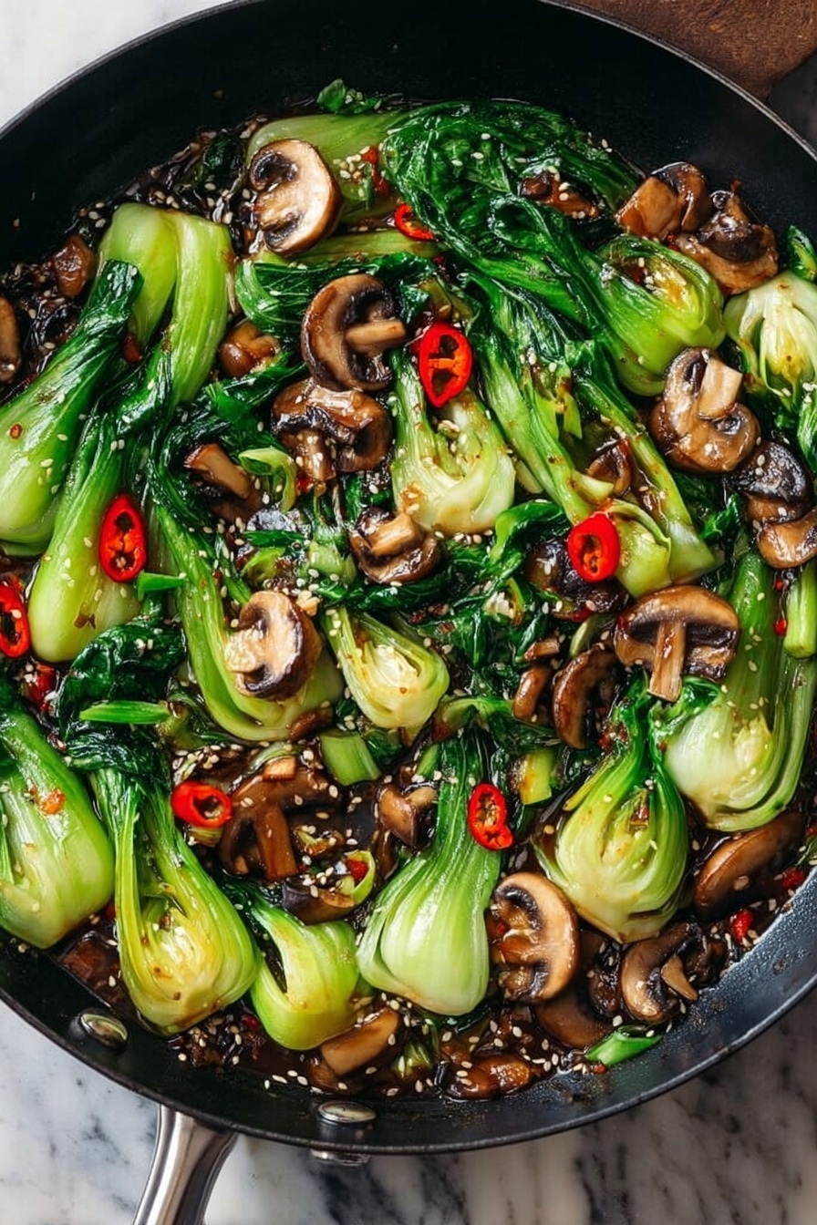 Bok Choy and Mushroom Stir Fry, healthy vegetable stir fry, quick Asian stir fry, easy weeknight stir fry, flavorful mushroom bok choy dish - A black pan is shown in six stages of cooking on a stove with a white marbled surface background. First, there is a layer of fresh, bright green bok choy covered with a glass lid that has steam on it, partially hiding the vegetables. Next, the glass lid is removed, showing the bok choy with its light green stalks and dark green leafy tops, arranged evenly in the pan. Then, sliced mushrooms with brown tops and pale undersides fill the pan, showing their smooth texture. After that, the mushrooms are joined by finely chopped green onions and white garlic pieces on the side. In the next stage, the bok choy is returned to the mushrooms and aromatics, mixing bright green and white stalks with the darker brown mushrooms, all glistening as they cook together. Finally, the ingredients are well combined, with vibrant green bok choy leaves and stalks layered above the glossy, sautéed mushrooms, green onions, and garlic, creating a rich mix of textures and colors in the black pan. Photo taken with an iphone --ar 2:3 --v 7
