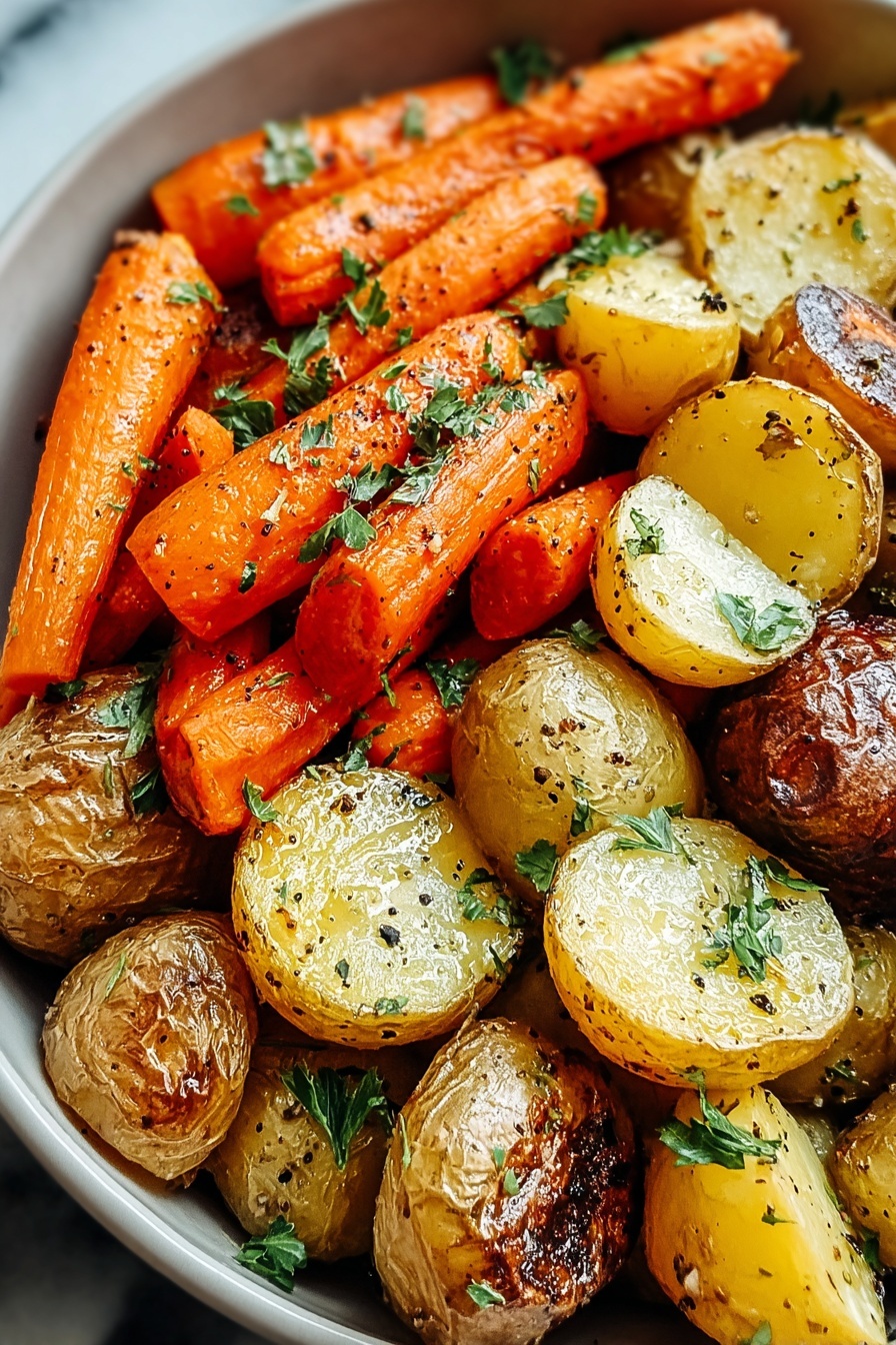 Garlic Herb Roasted Potatoes, Carrots, Zucchini, healthy roasted vegetable side dish, easy vegetable side recipes - The image shows a close-up of a bowl filled with roasted vegetables, mainly small baby potatoes and baby carrots. There are two main layers of food: the bottom layer has halved golden-yellow potatoes with slightly charred edges, and the top layer has bright orange baby carrots with a glistening, roasted texture. The vegetables are sprinkled with chopped green herbs, likely parsley, and seasoned with black pepper flakes visible on the surface. The bowl holding the food is white and sits on a white marbled surface, adding a clean and bright background. photo taken with an iphone --ar 2:3 --v 7