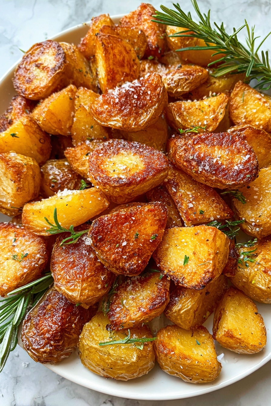 Crispy Roast Potatoes with Rosemary and Garlic, roasted potato recipe, Whole30 roast potatoes, easy crispy potato side dish, healthy roasted potato recipe - The image shows a round white plate filled with crispy golden-brown roasted potato halves. The potatoes are scattered in a single thick layer, with their rough, crunchy skins facing up. Sprigs of fresh green rosemary are placed on top and around the potatoes, adding a touch of vibrant color. The potatoes have a slightly rough texture with specks of salt and herbs visible. The plate sits on a white marbled textured surface, with a few grains of salt sprinkled around. photo taken with an iphone --ar 2:3 --v 7